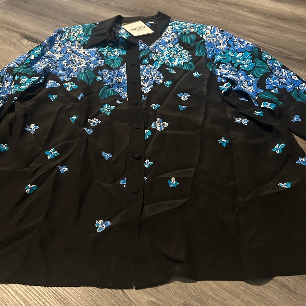 Bob Mackie Black Blouse with Blue Floral Print